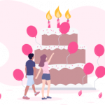 An illustration of a birthday cake and two people standing beside it with baloons and candles